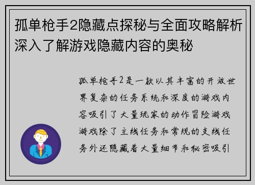 孤单枪手2隐藏点探秘与全面攻略解析深入了解游戏隐藏内容的奥秘